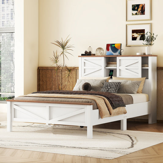 White wooden bed frame with Xdesign headboard and integrated shelves queen size