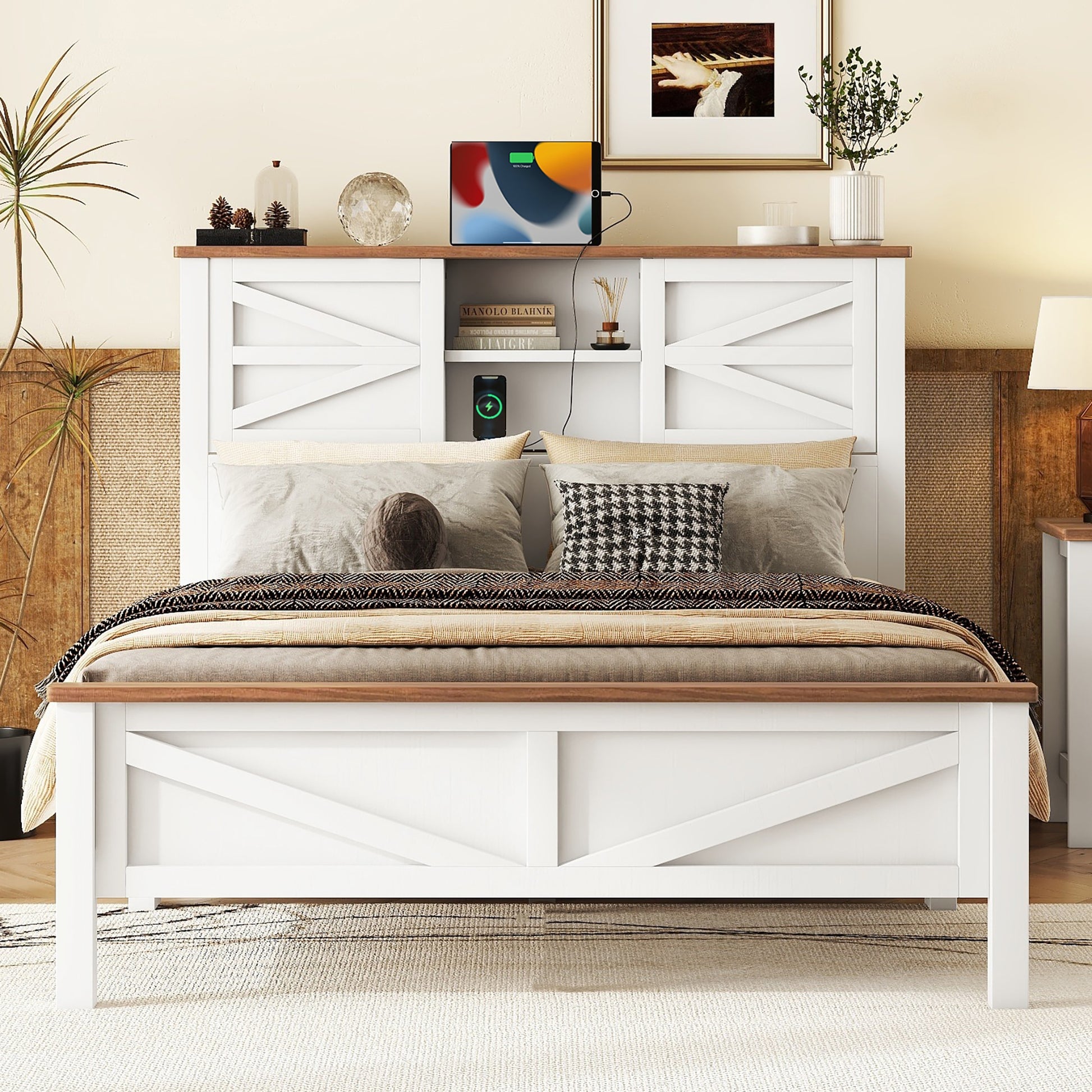 White and wood farmhouse bed frame with builtin headboard shelves and charging station