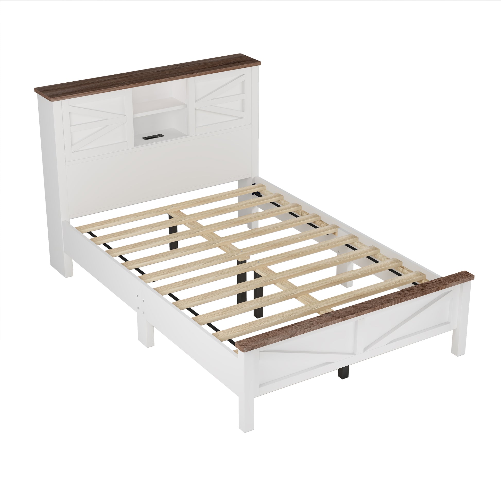 White farmhouse twin bed with builtin headboard shelves and USB port
