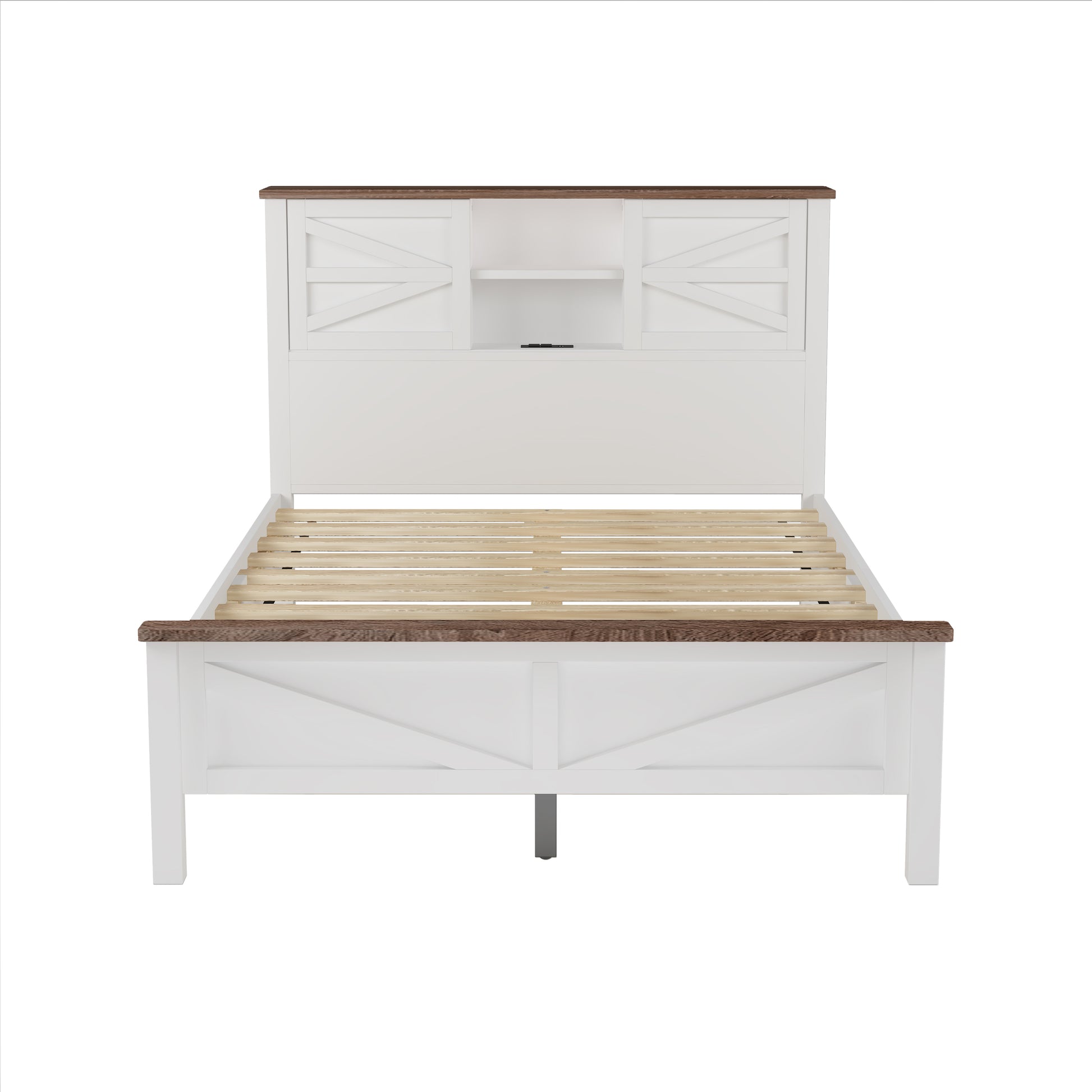 White farmhouse bed with builtin headboard storage and wood accents