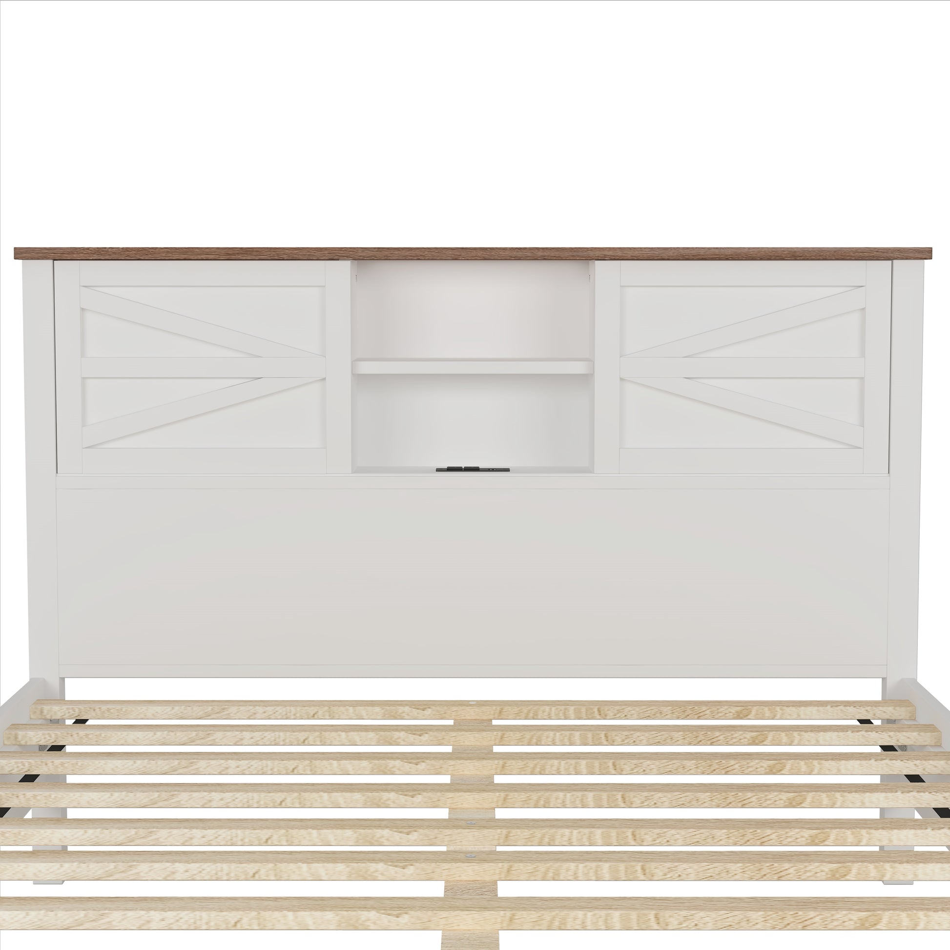 White farmhouse headboard with wood top and open shelving