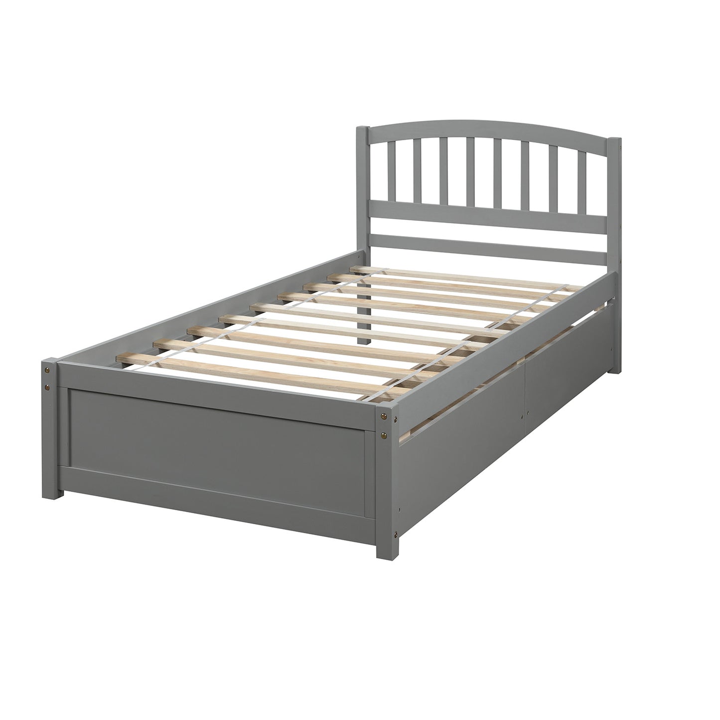 Grey twin bed frame with arched slatted headboard and storage drawers