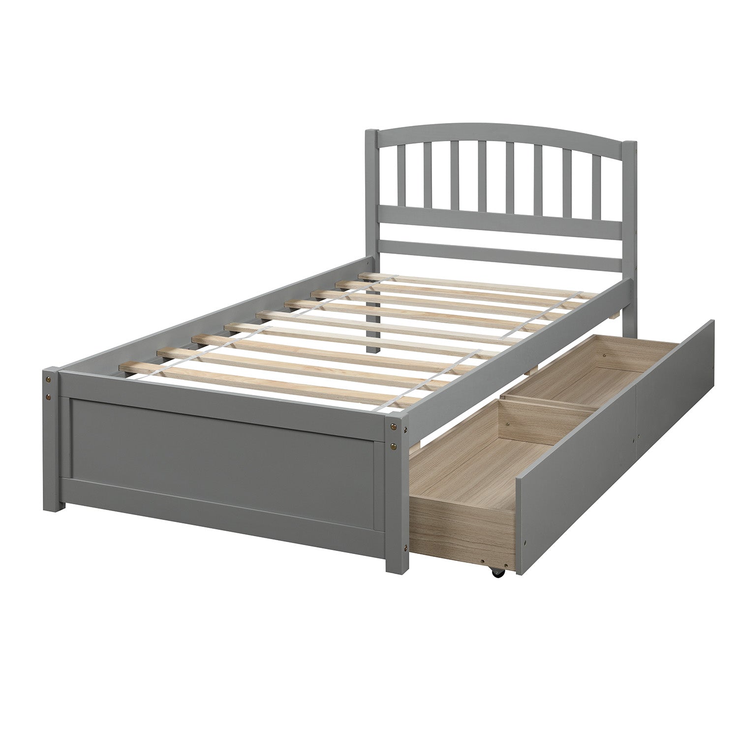 Grey wooden twin bed frame with storage drawers