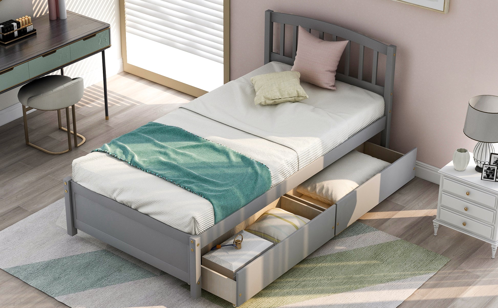 Gray twin bed frame with storage drawers and teal throw