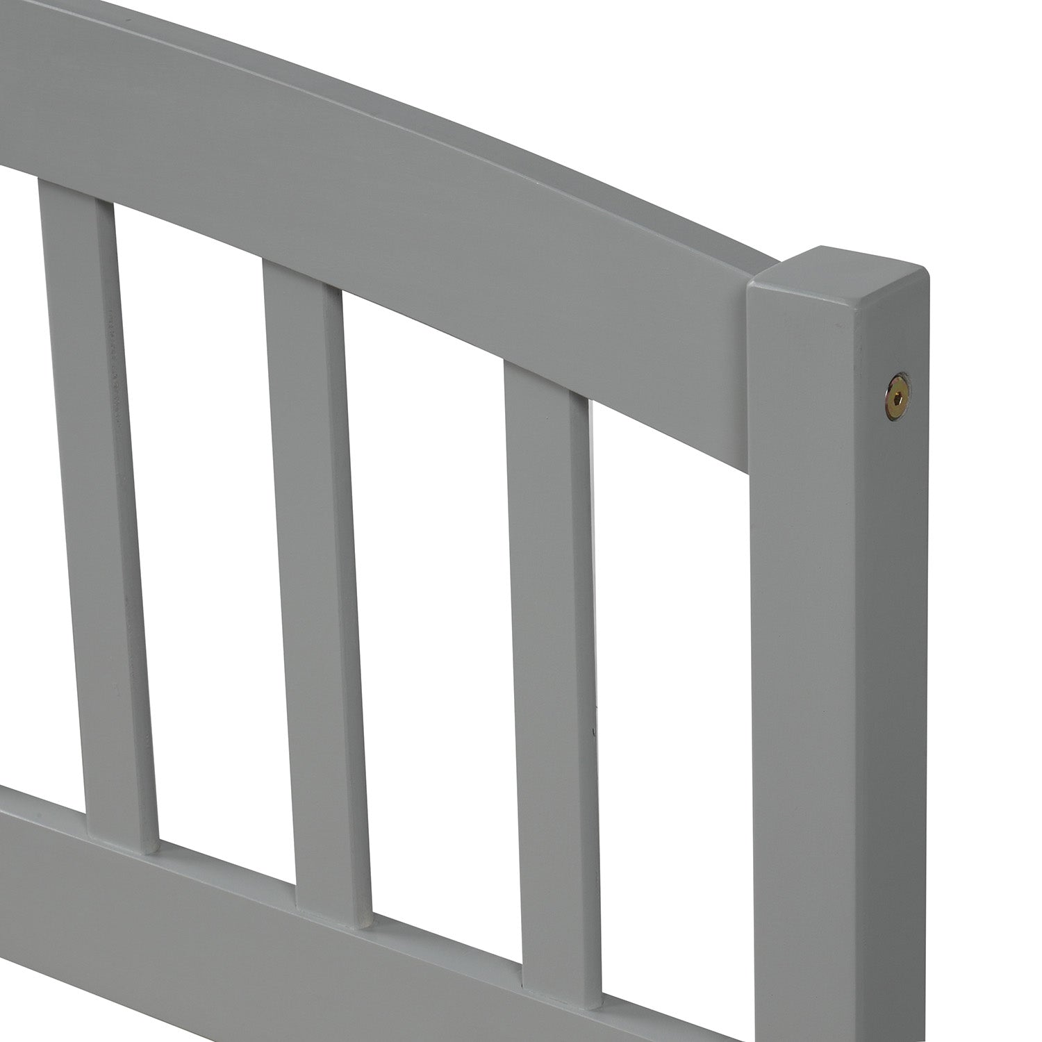 Closeup of grey wooden bed frame headboard slats