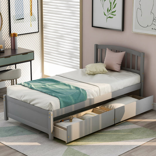 Gray twin bed frame with curved headboard and two storage drawers