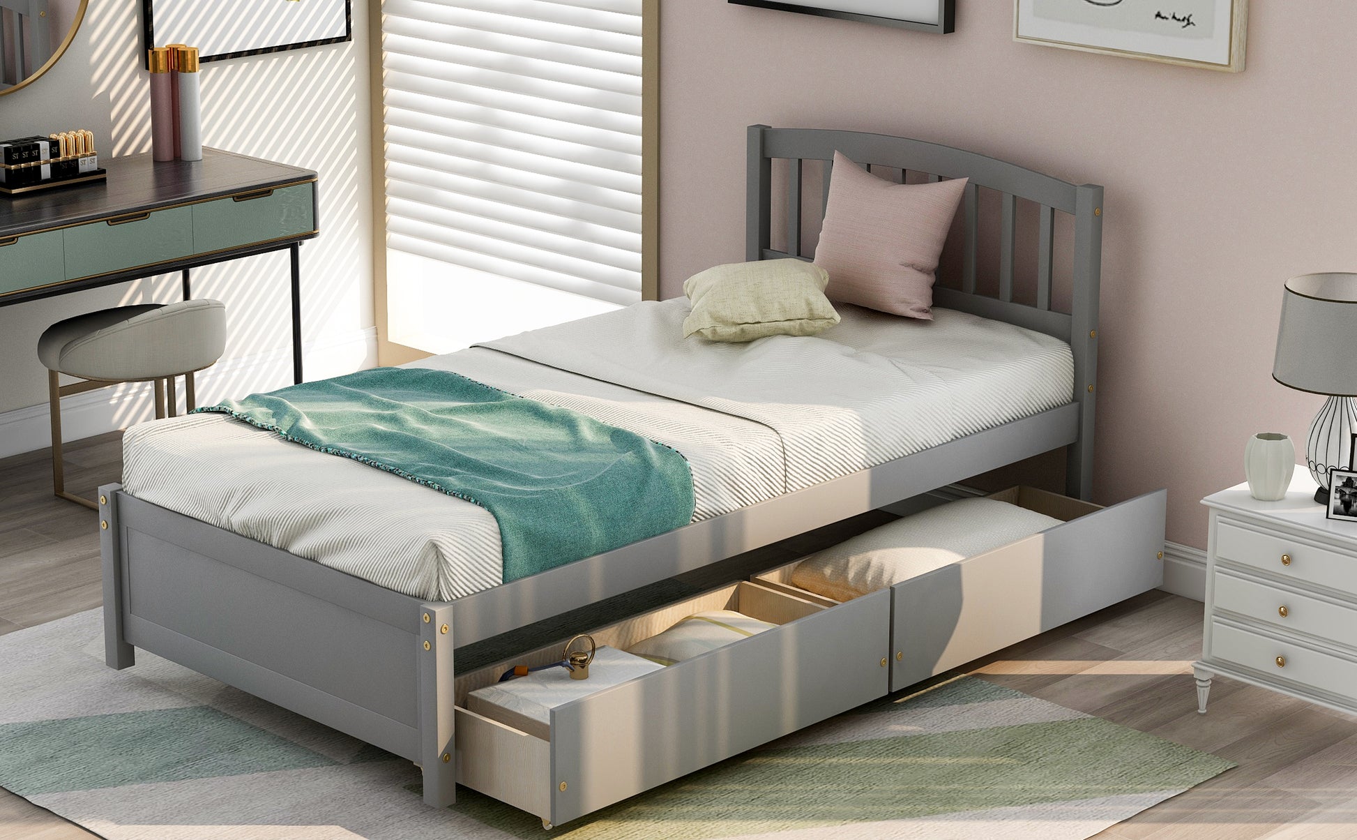 Gray wooden twin bed with pullout drawers and teal throw blanket