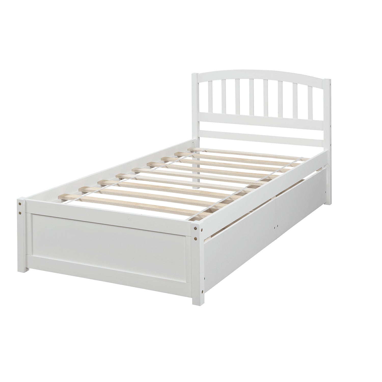 White twin bed frame with arched headboard and builtin drawers