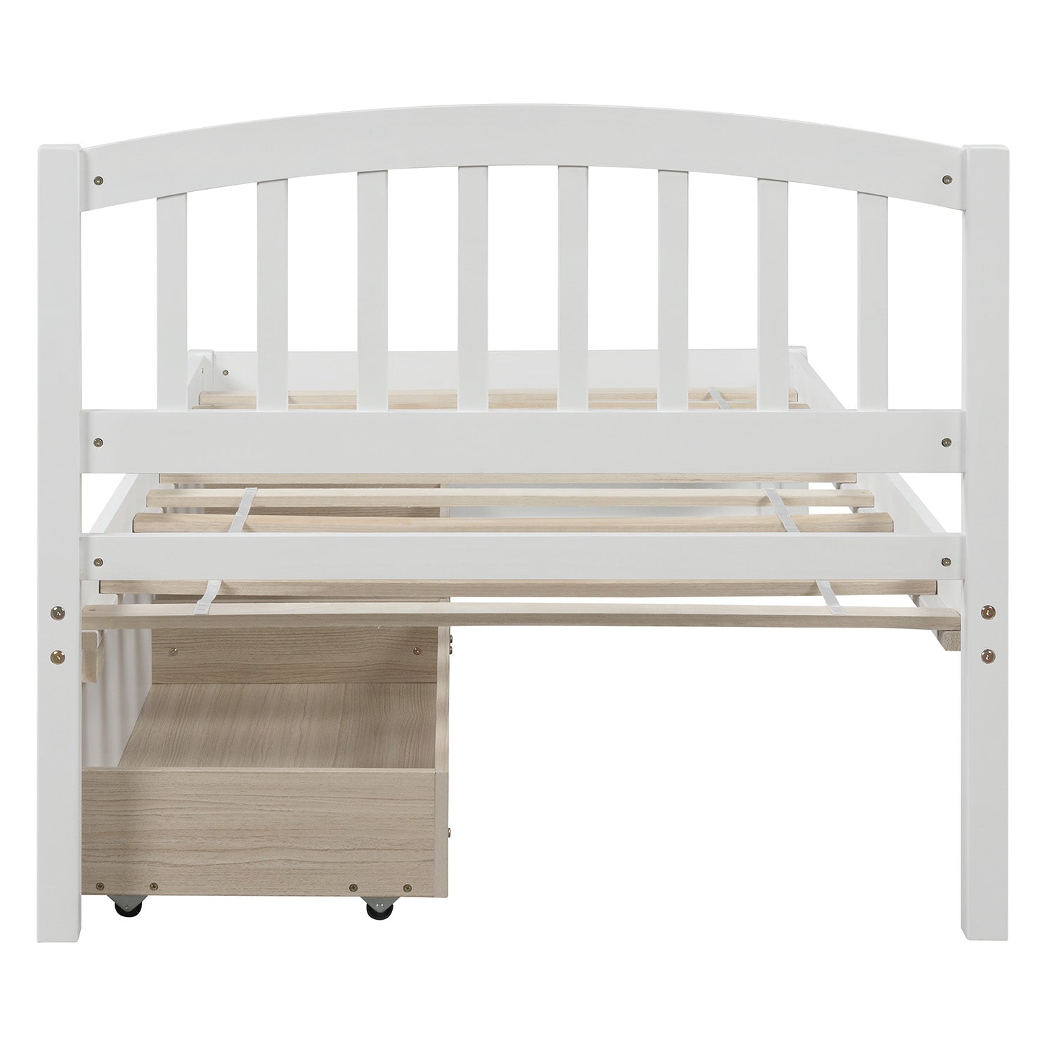 White twin bed frame with arched headboard and builtin storage drawer