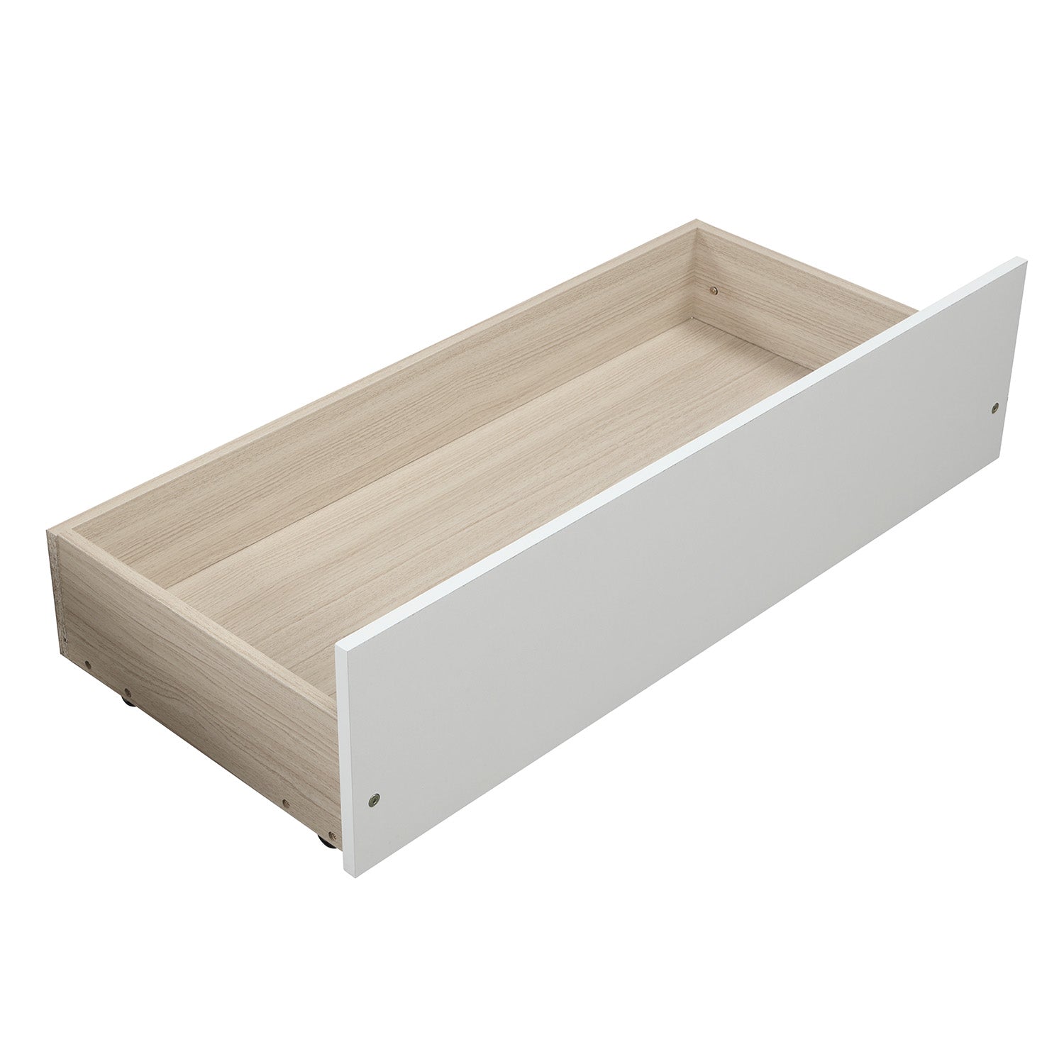 White and wood grain particle board drawer with smooth sliding mechanism