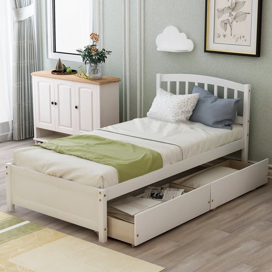 White wooden twin bed frame with two underbed storage drawers and a green accent throw