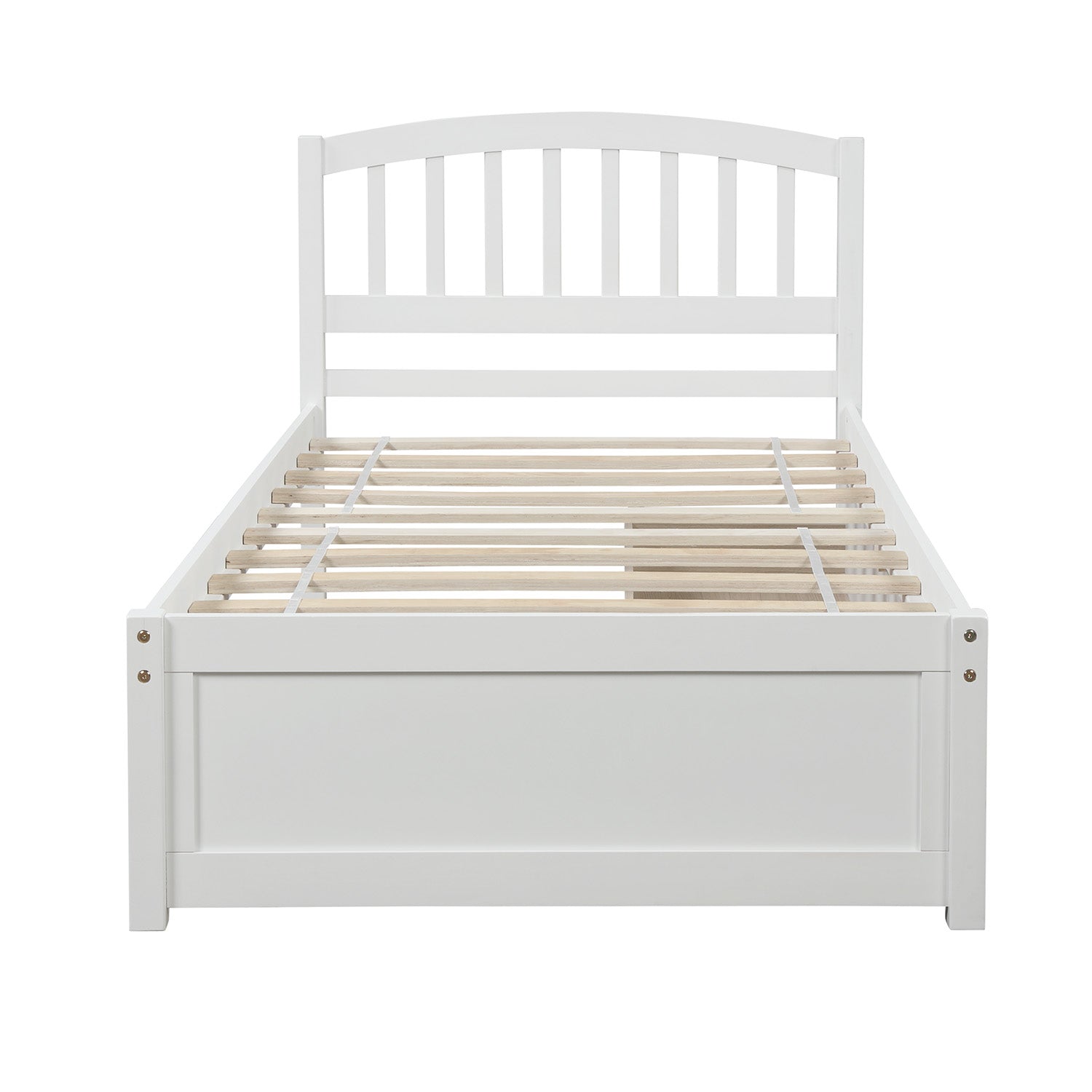 White wooden twin bed frame with slatted headboard and platform base
