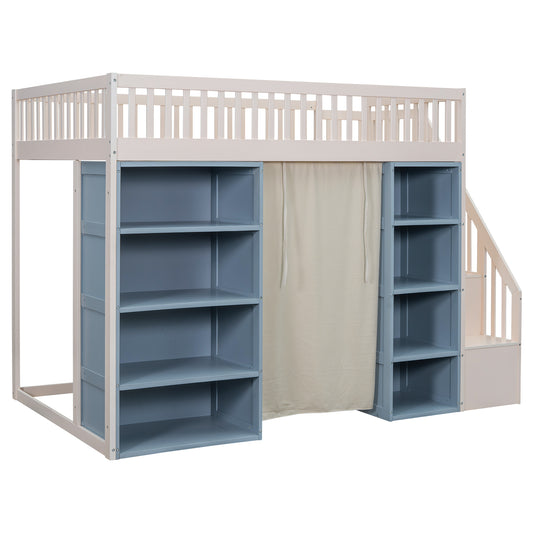 Wooden loft bed with blue shelves and stairs