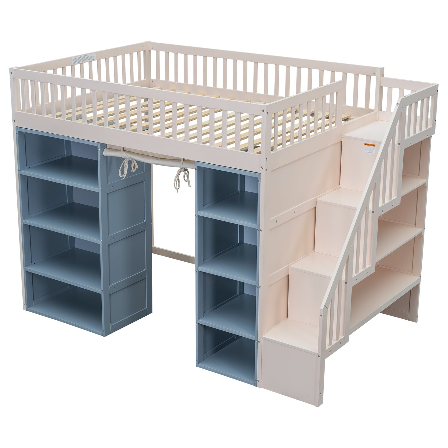 Loft bed with stairs and blue shelving