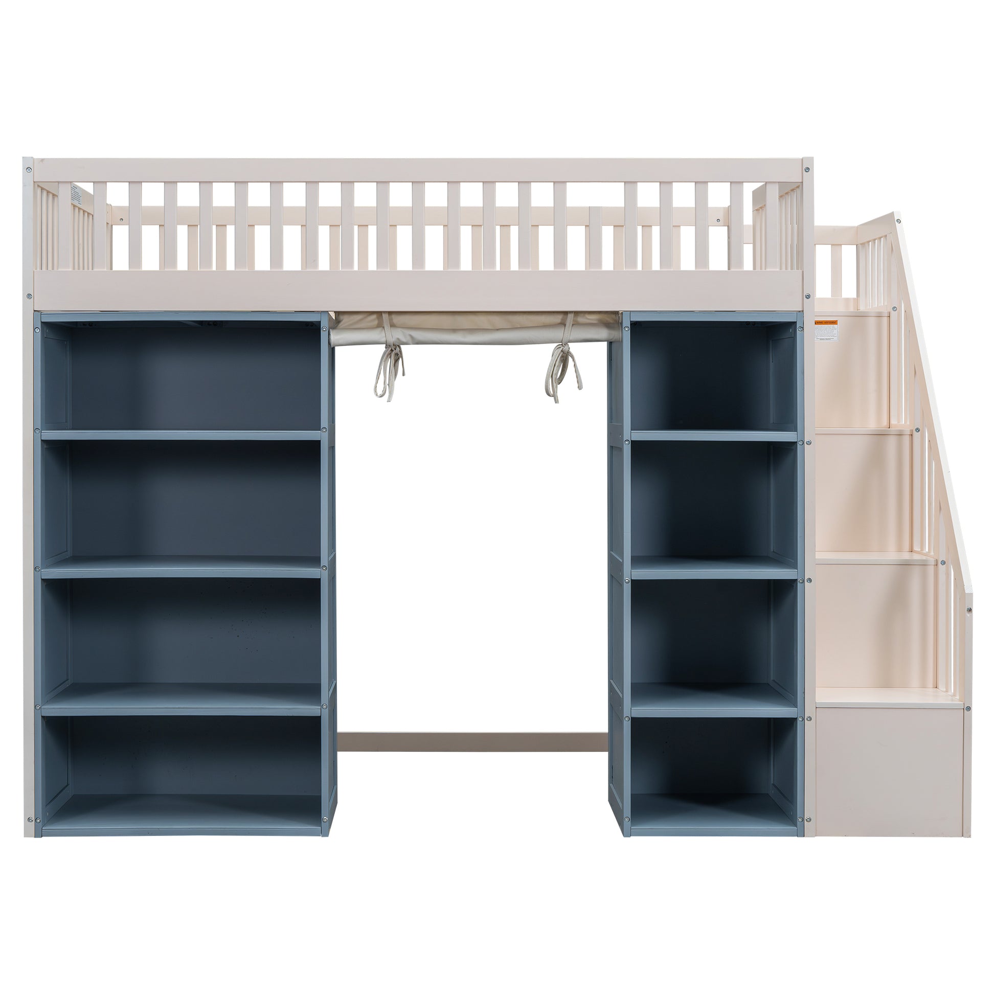 Beige and grey loft bed with storage shelves and stairs