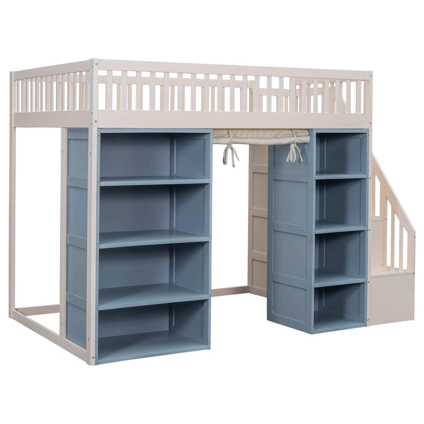 Wooden loft bed frame with blue bookshelves and stairs