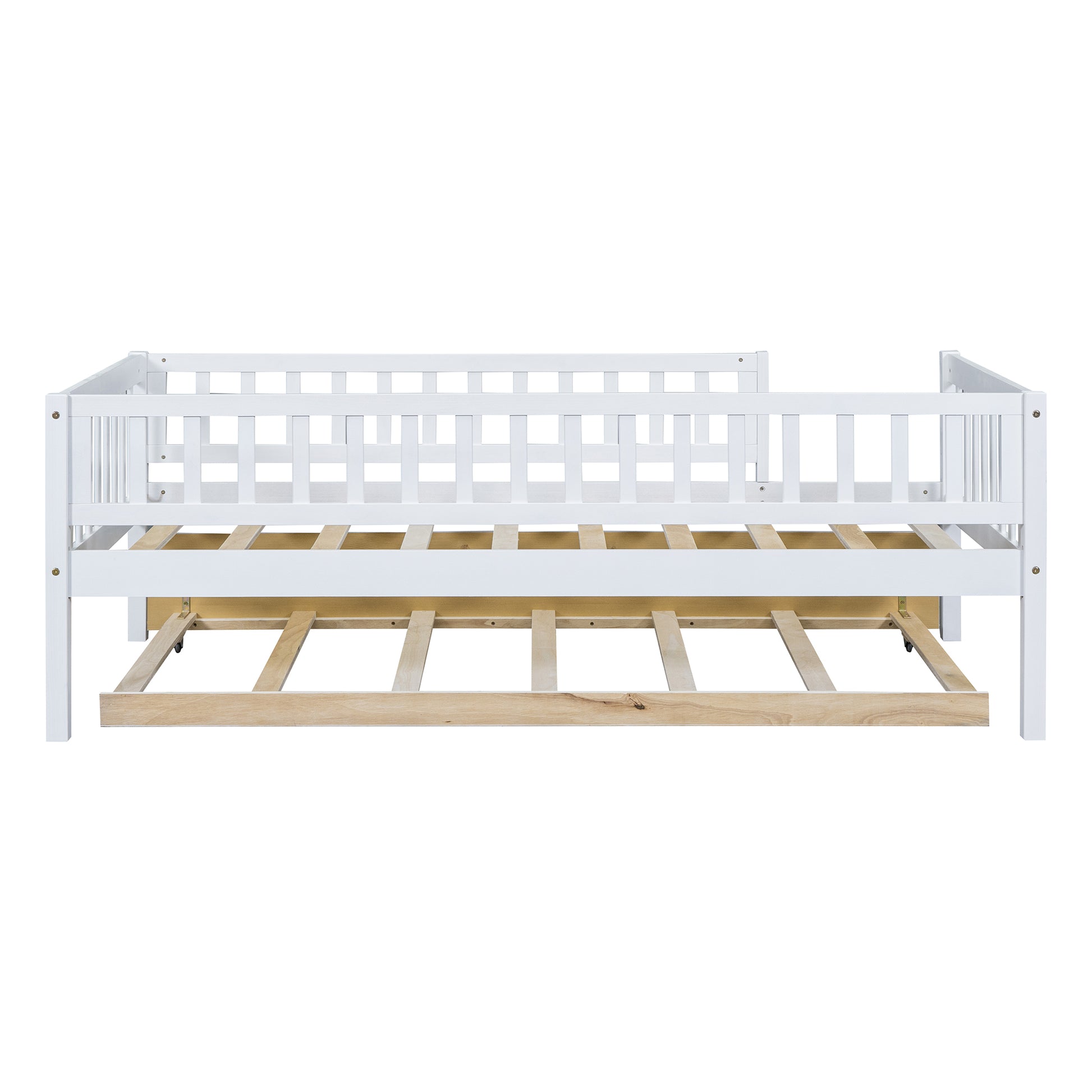 White wooden daybed with trundle and slatted base