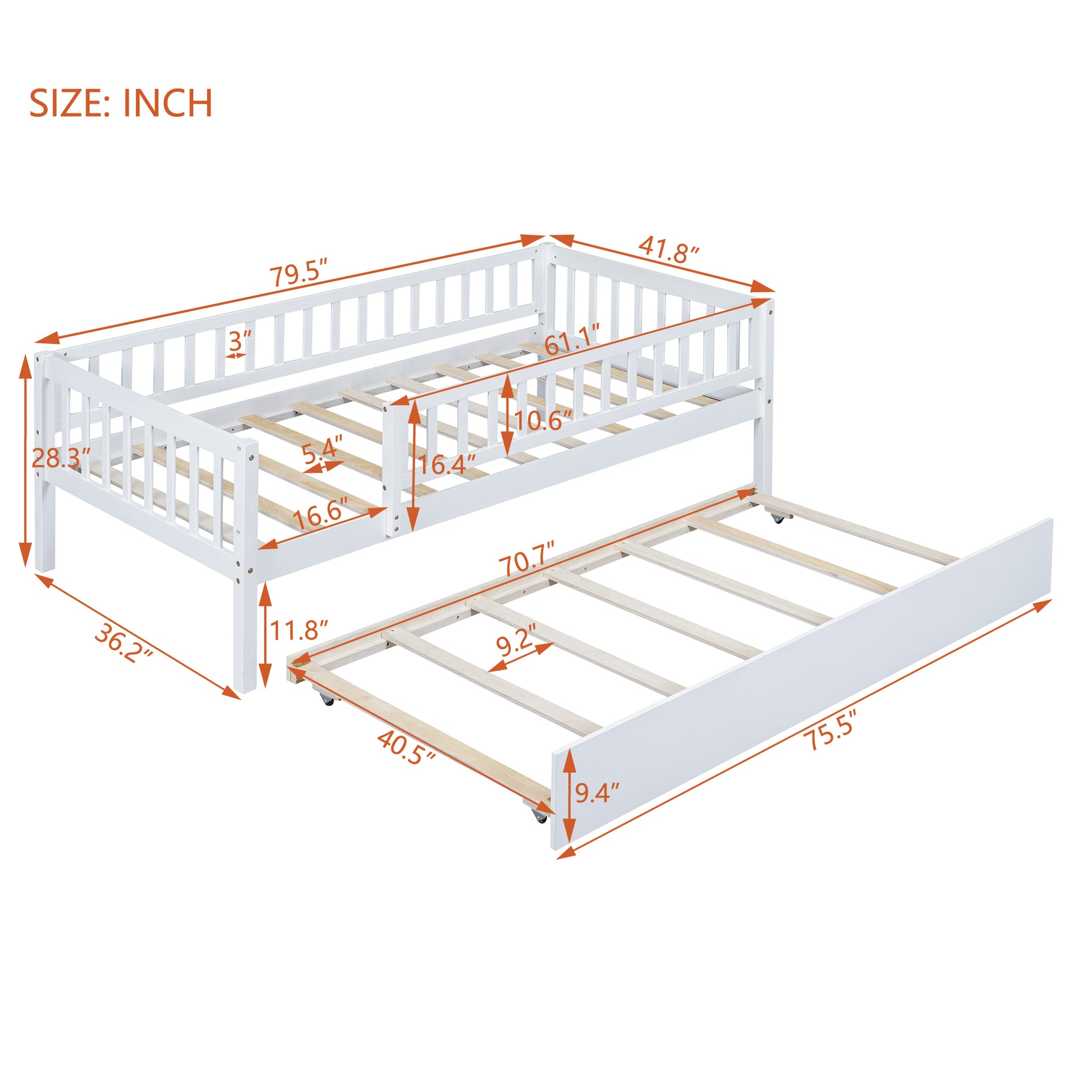 White wooden daybed with trundle and dimensions labeled