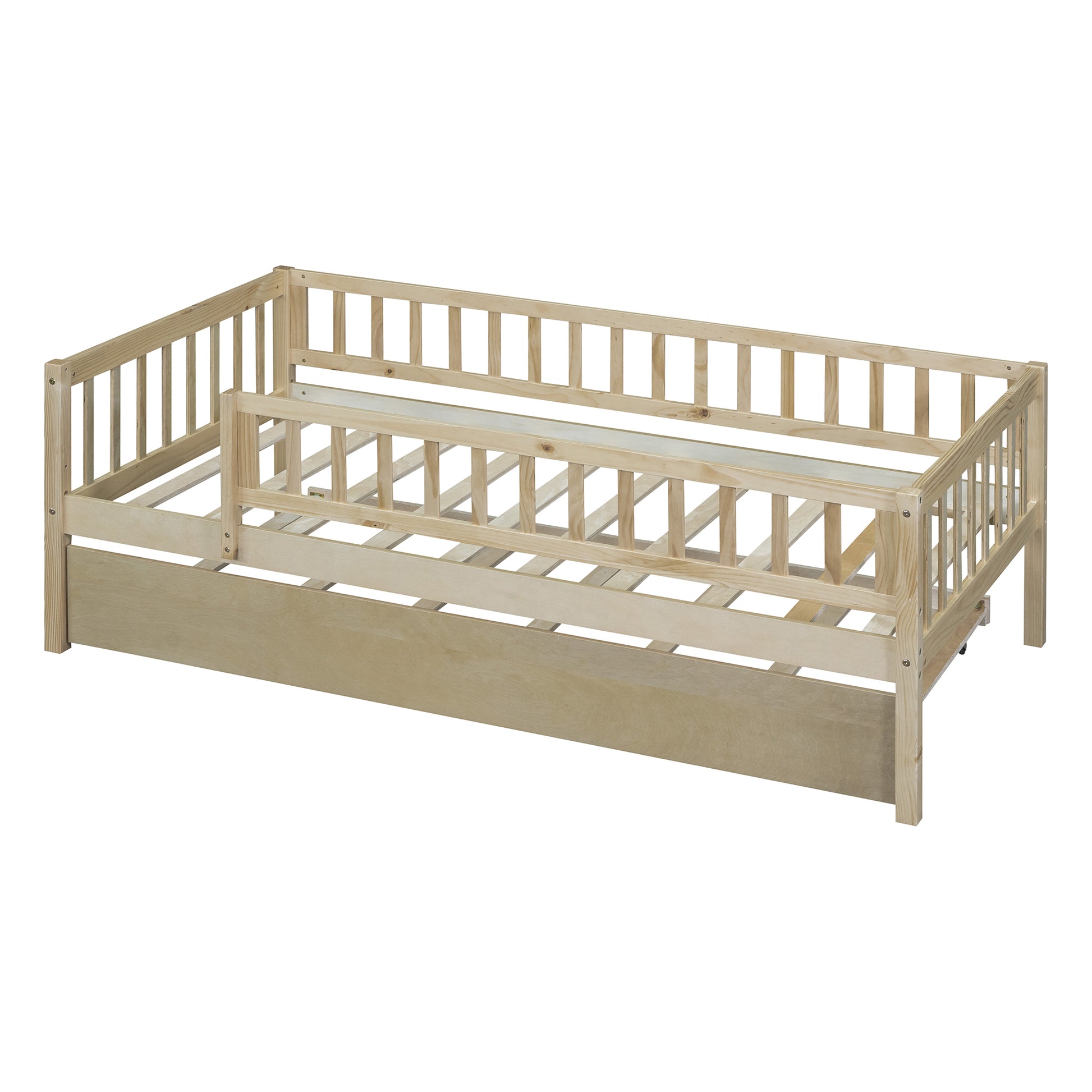 Natural pine wood toddler bed with rails and pullout trundle drawer