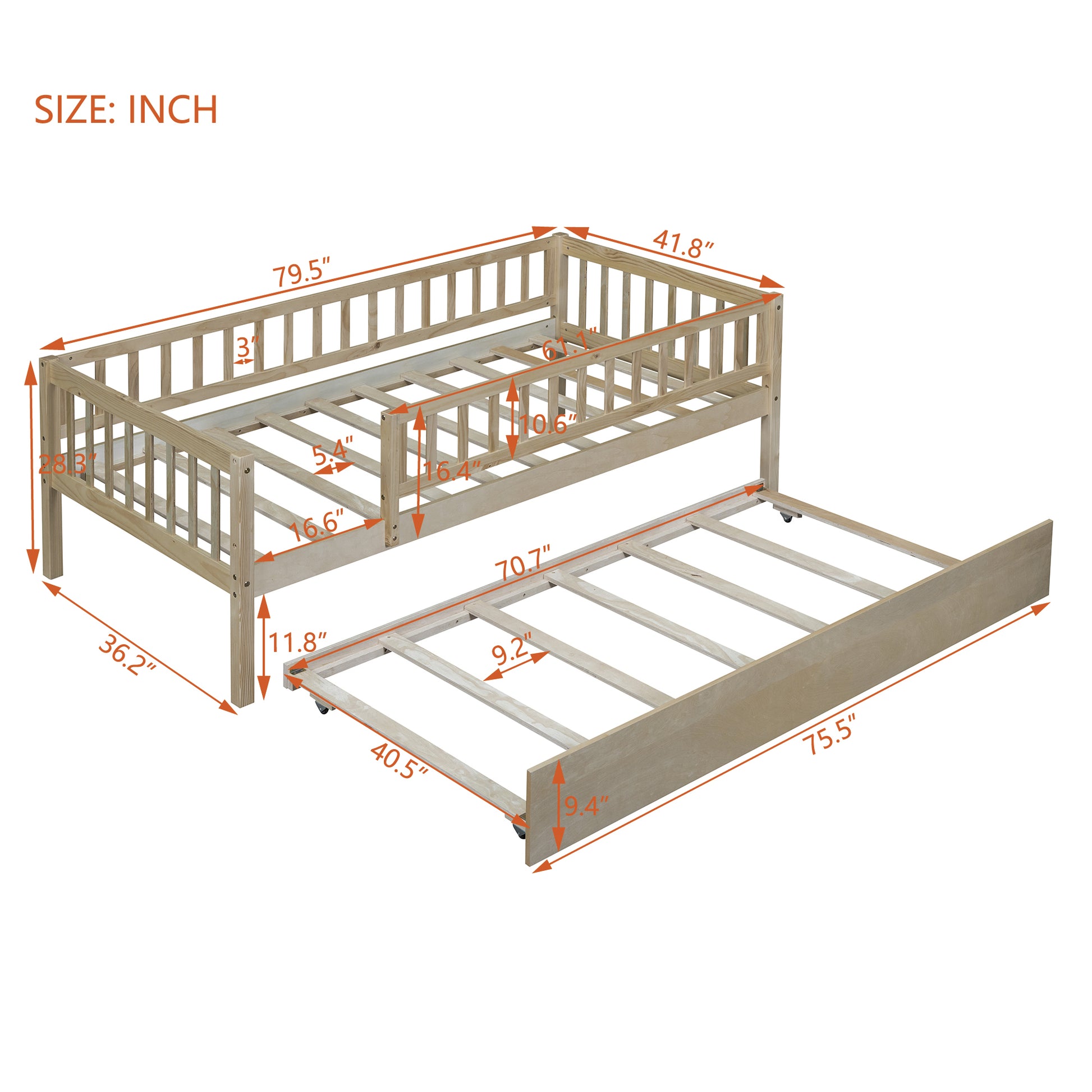 Wooden daybed frame with pullout trundle bed natural finish detailed dimensions shown