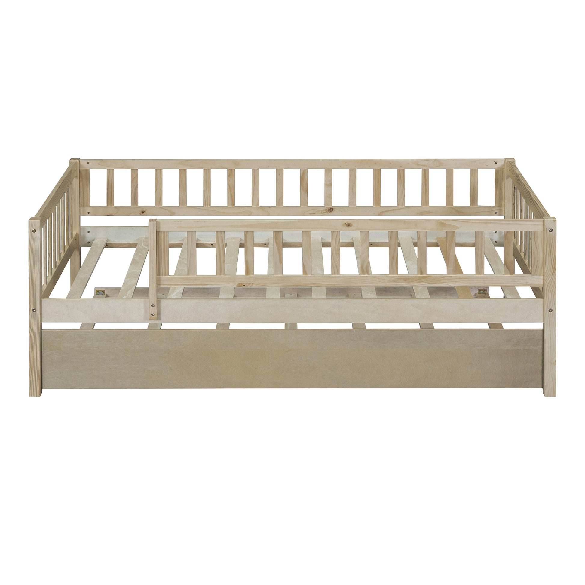 Natural wood twin daybed with slatted design and safety rails