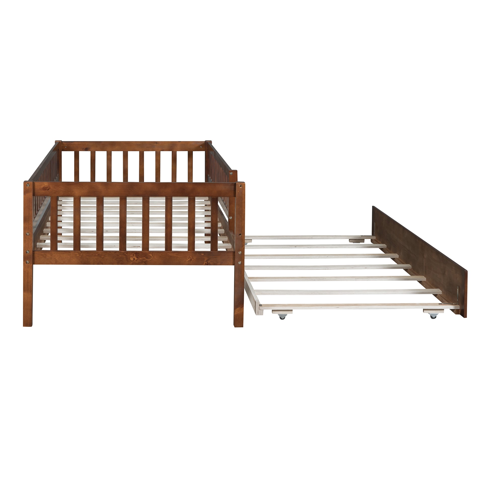 Dark brown wooden toddler bed with pullout trundle frame and slatted base