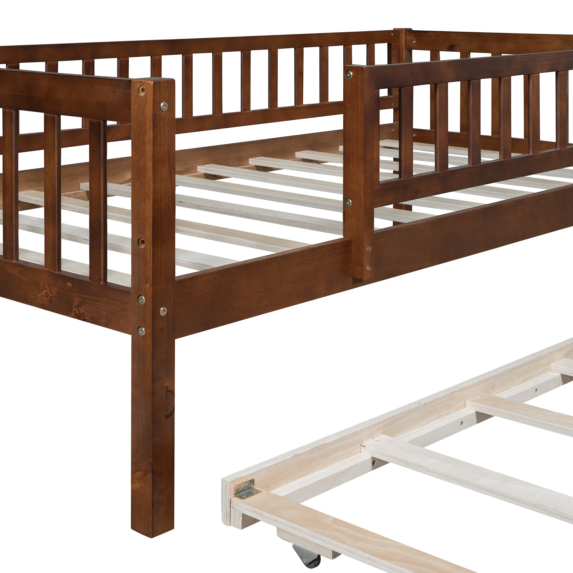 Rich mahogany toddler bed frame with slatted sides