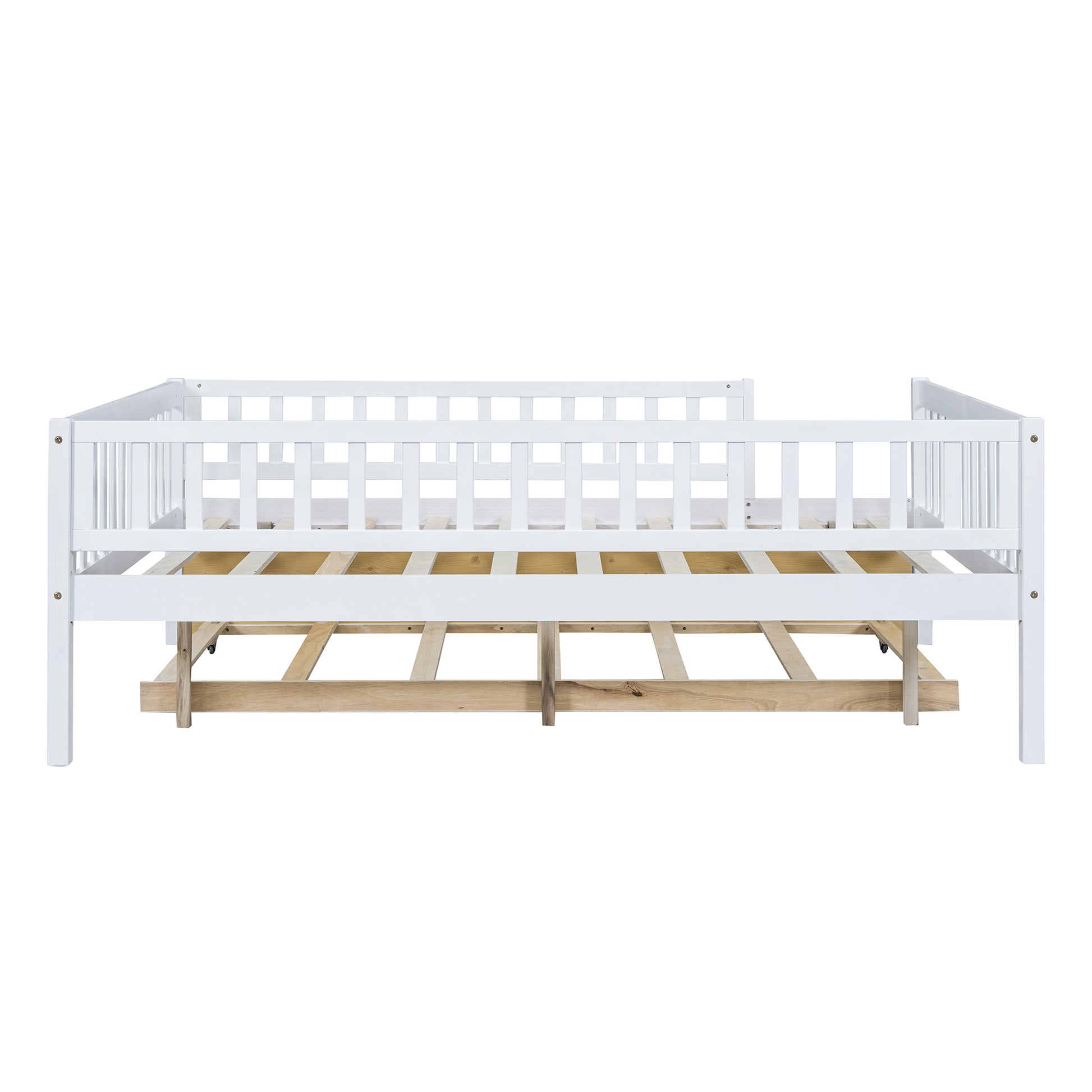 White wooden daybed with slatted backrest and pullout trundle