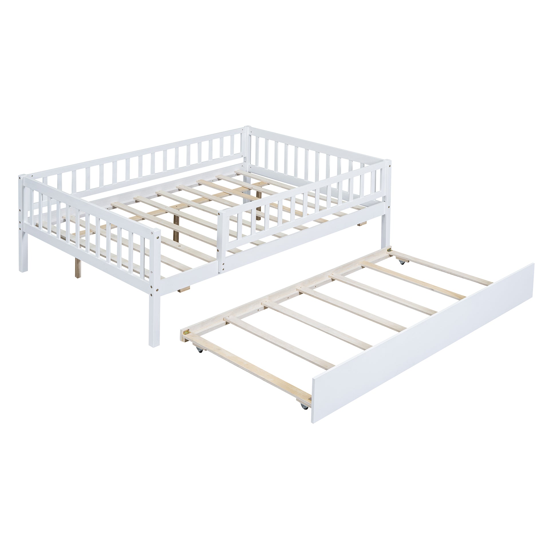 White wooden daybed with pullout trundle bed