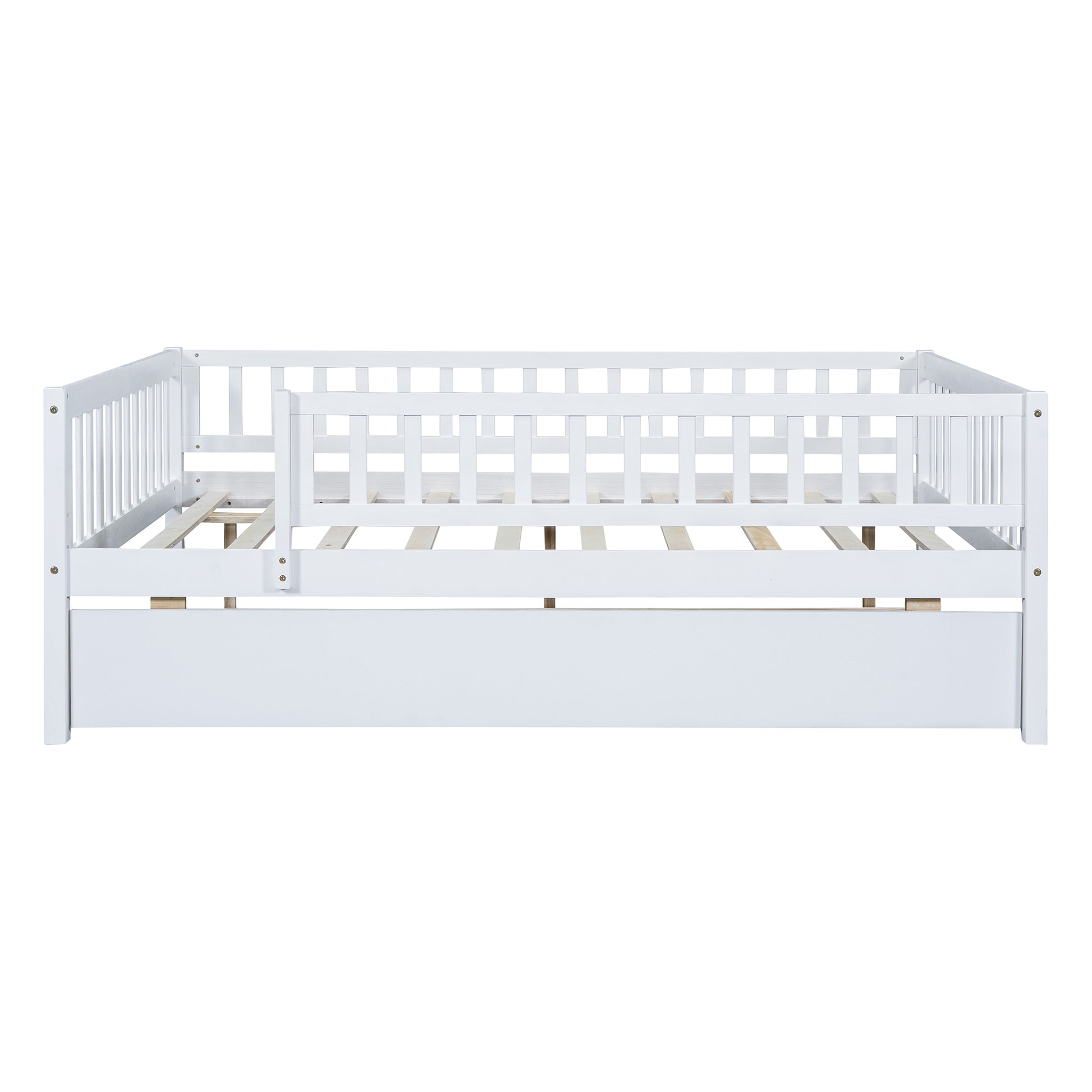 White wooden daybed with guardrails for toddlers