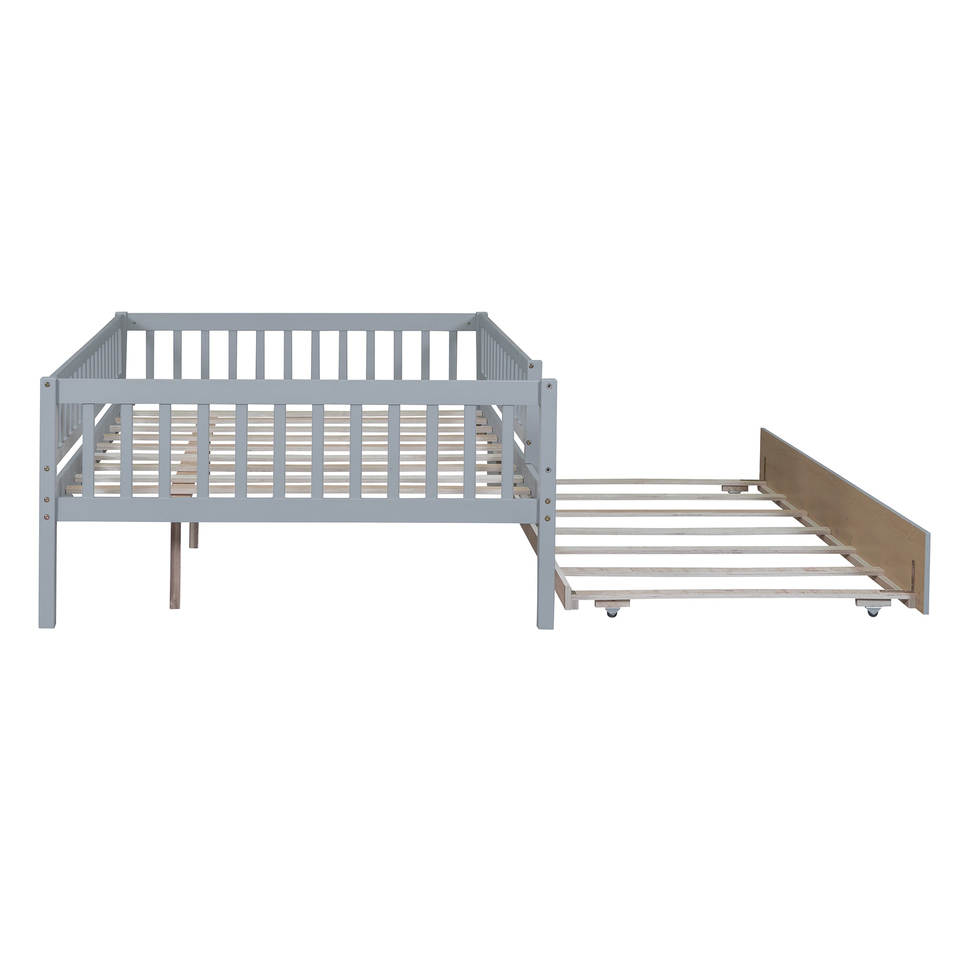 Grey wooden twin bed frame with pullout trundle bed