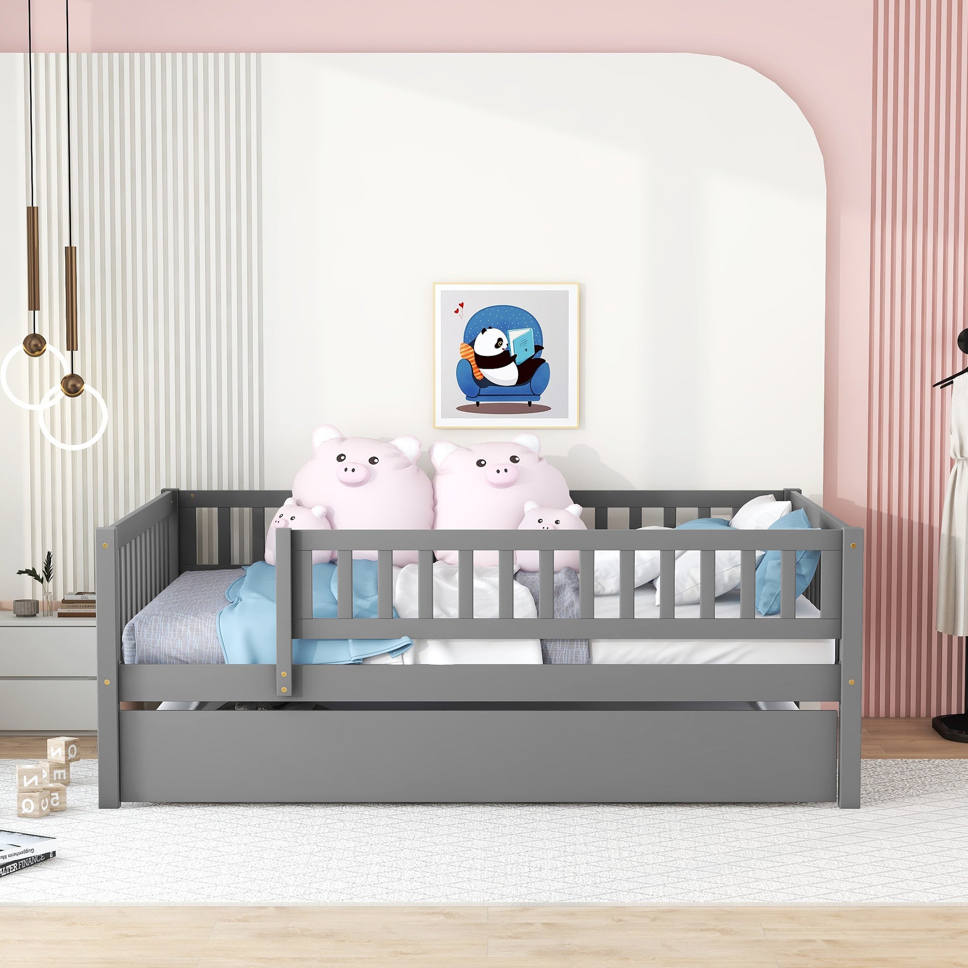 Grey wooden daybed with pullout trundle for kids rooms