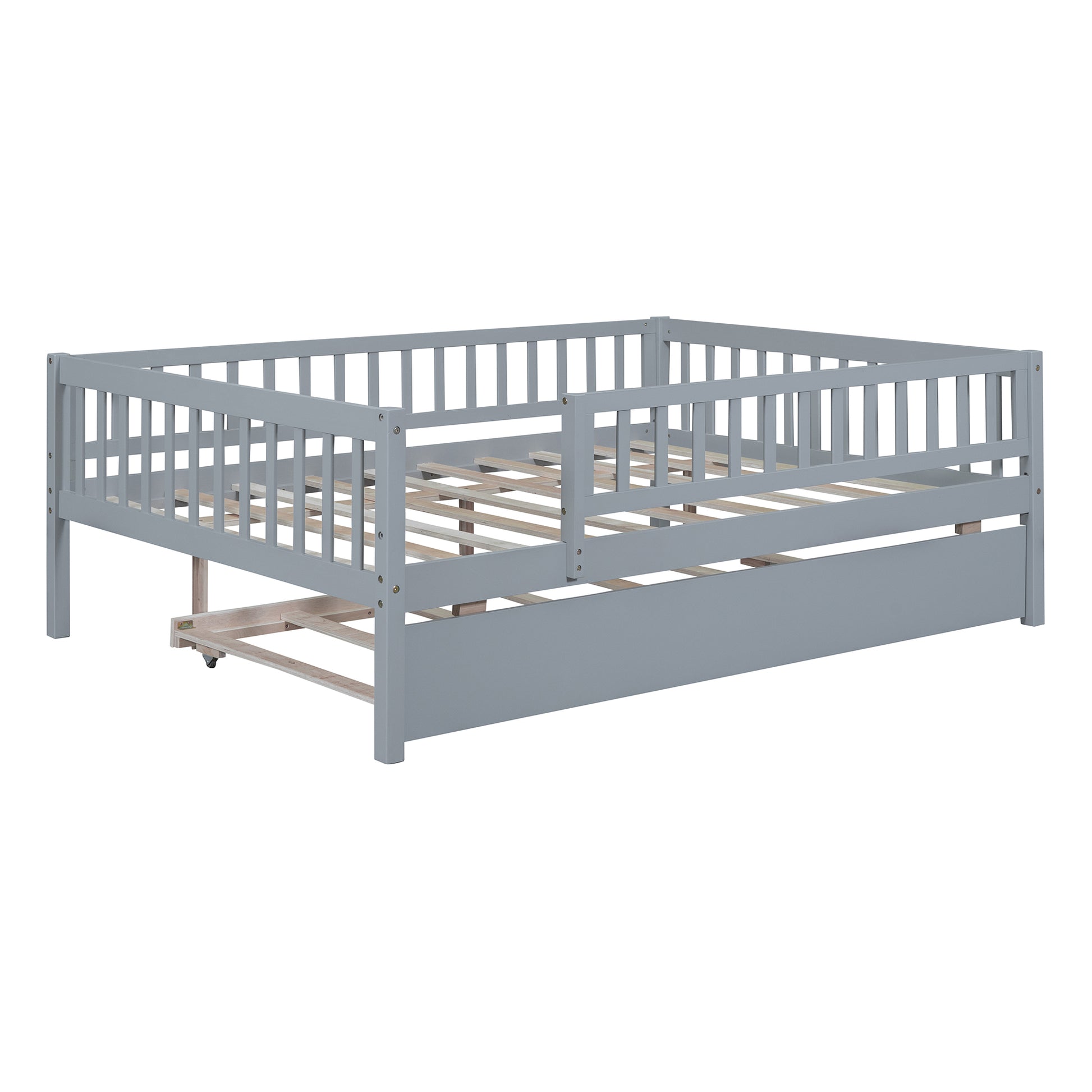 Gray wooden twin daybed with pullout trundle for children