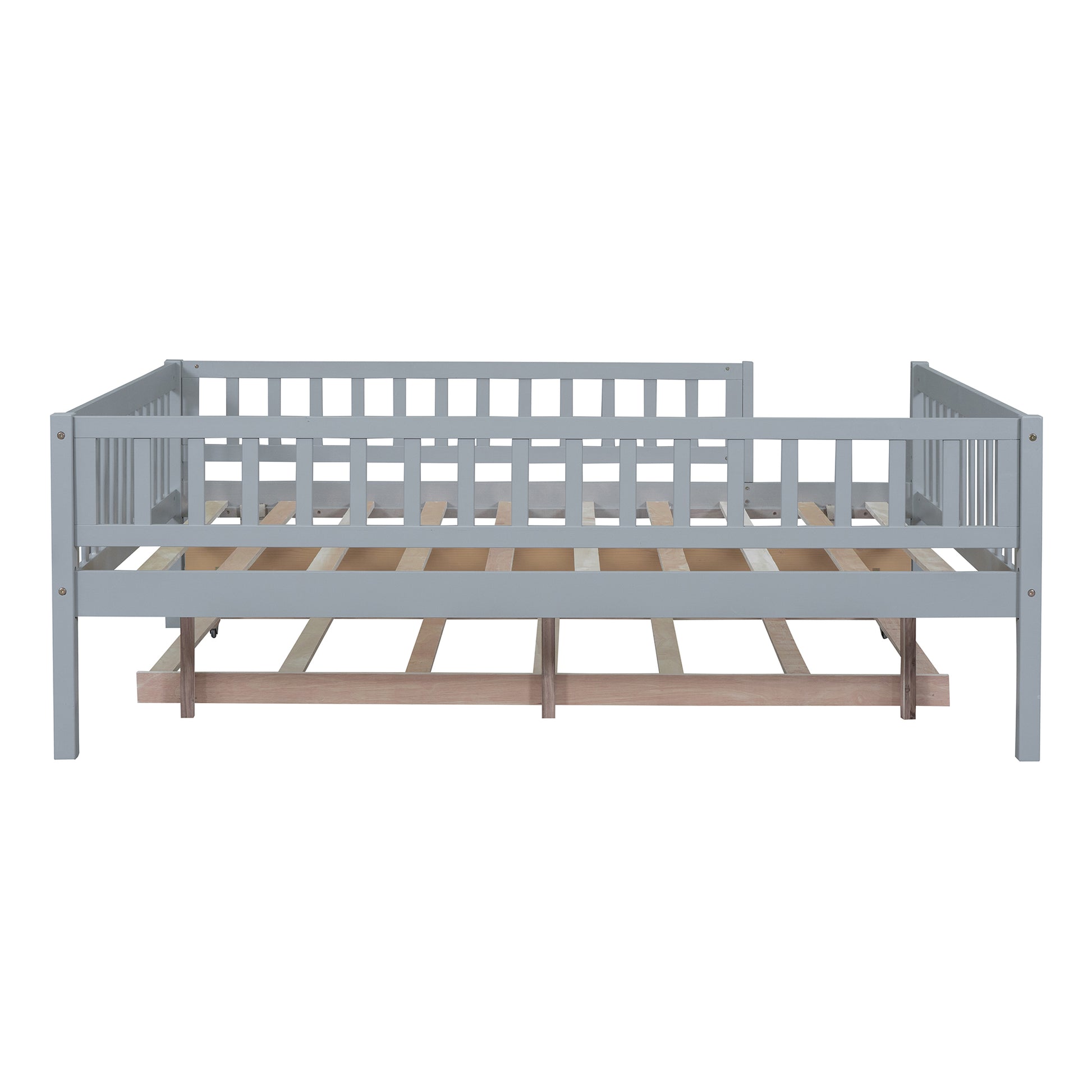Gray wooden daybed frame with slatted support and protective rails