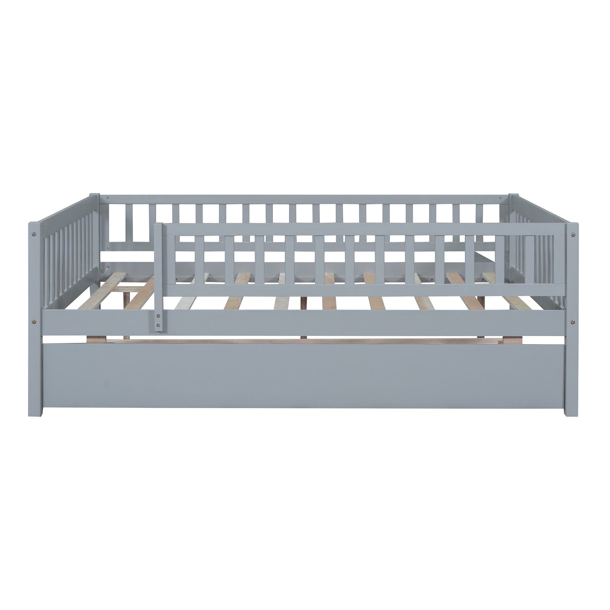 Grey wooden toddler bed with guardrails