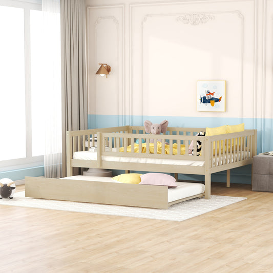 Light oak wood toddler bed with guardrails and pullout trundle bed for children