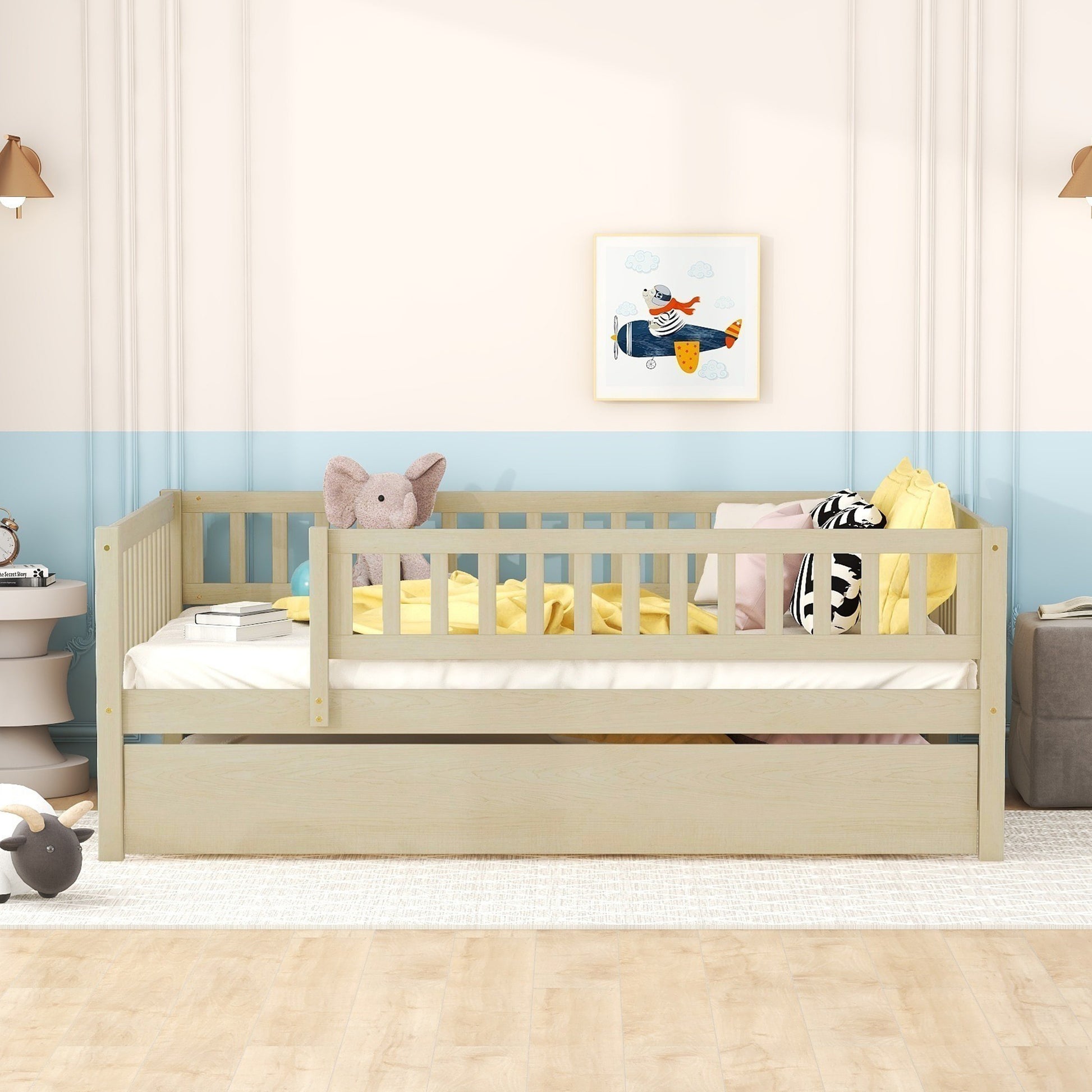 Lightwood toddler bed with safety rails and pullout trundle