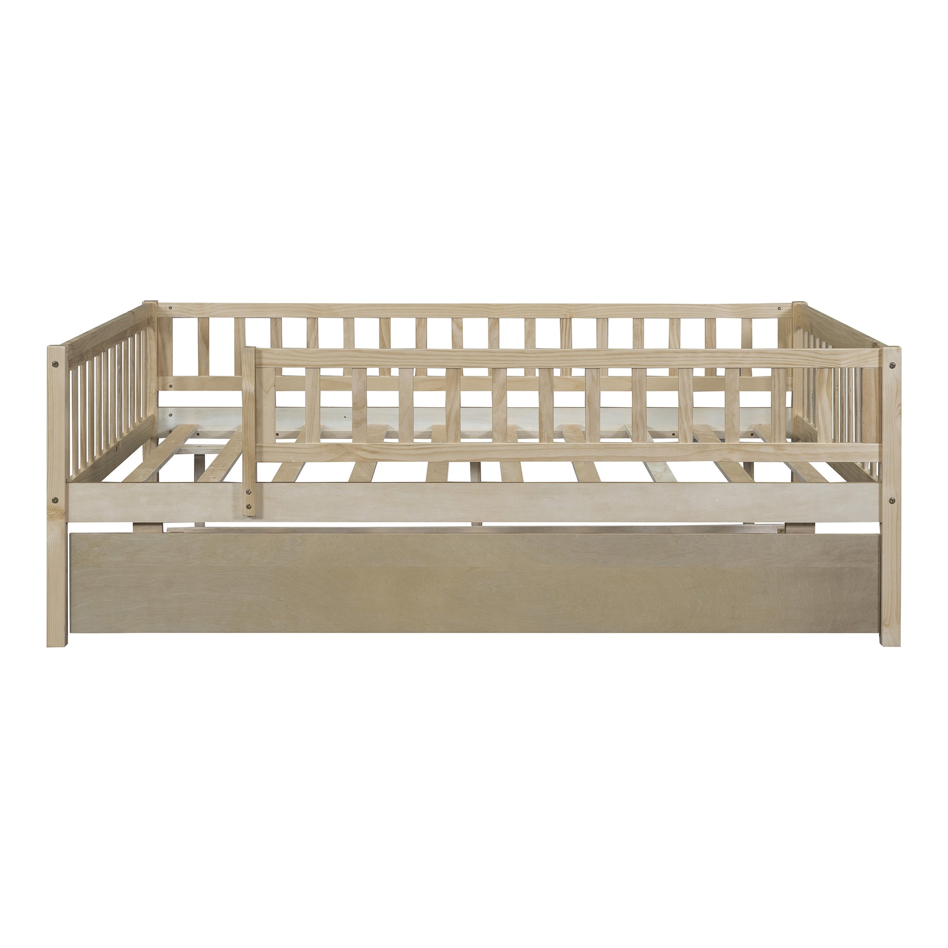 Natural wood twin daybed with guardrails and pullout trundle