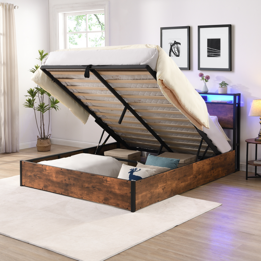 Rustic brown wood lifttop storage bed frame with LED headboard