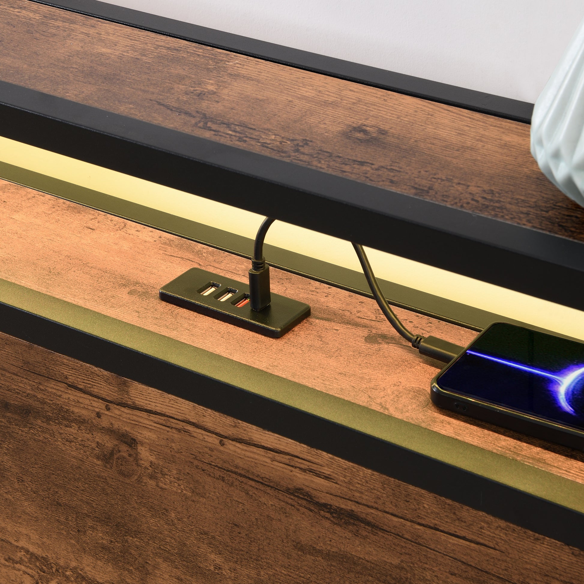 Rustic brown wood console table with builtin USB charging station and LED light