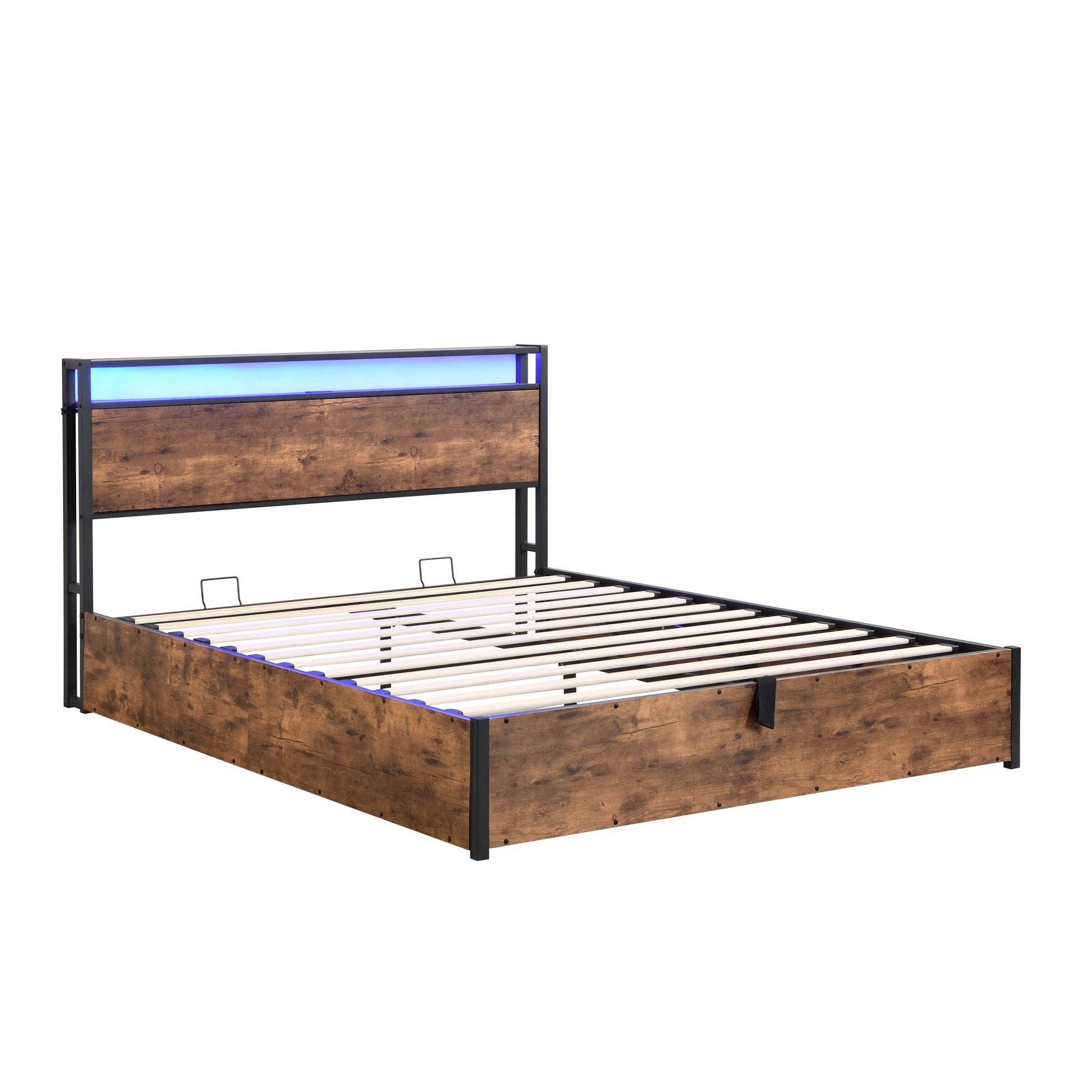 Rustic wood bed frame with black metal accents and blue LED headboard light