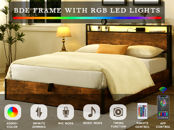 Rustic brown wood bed frame with builtin RGB LED headboard lights