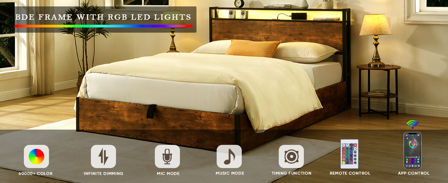 Rustic wood bed frame with integrated RGB LED headboard lights