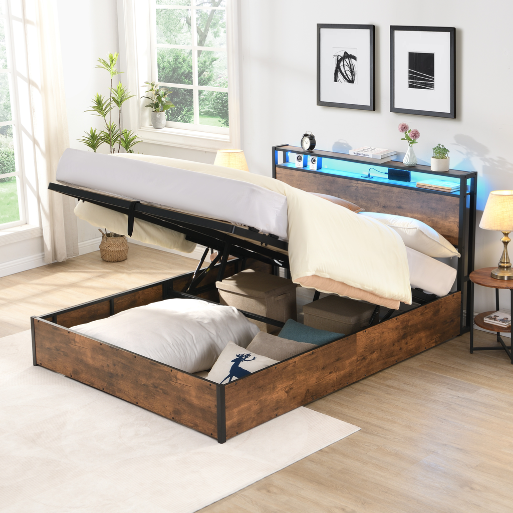 Rustic wood storage bed frame with hydraulic lift