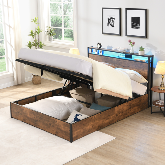 Rustic wood storage bed frame with hydraulic lift