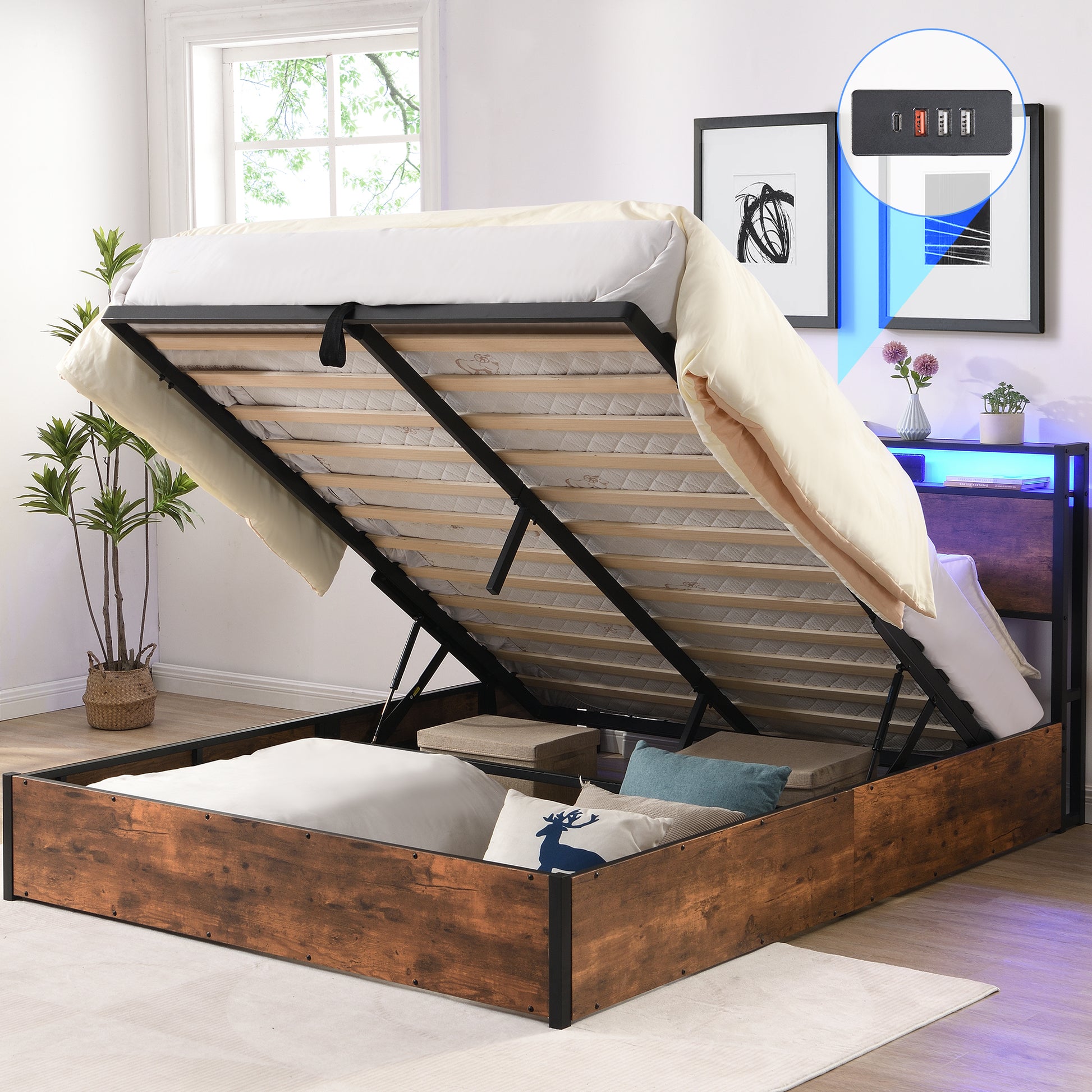 Rustic wood platform bed with hidden storage
