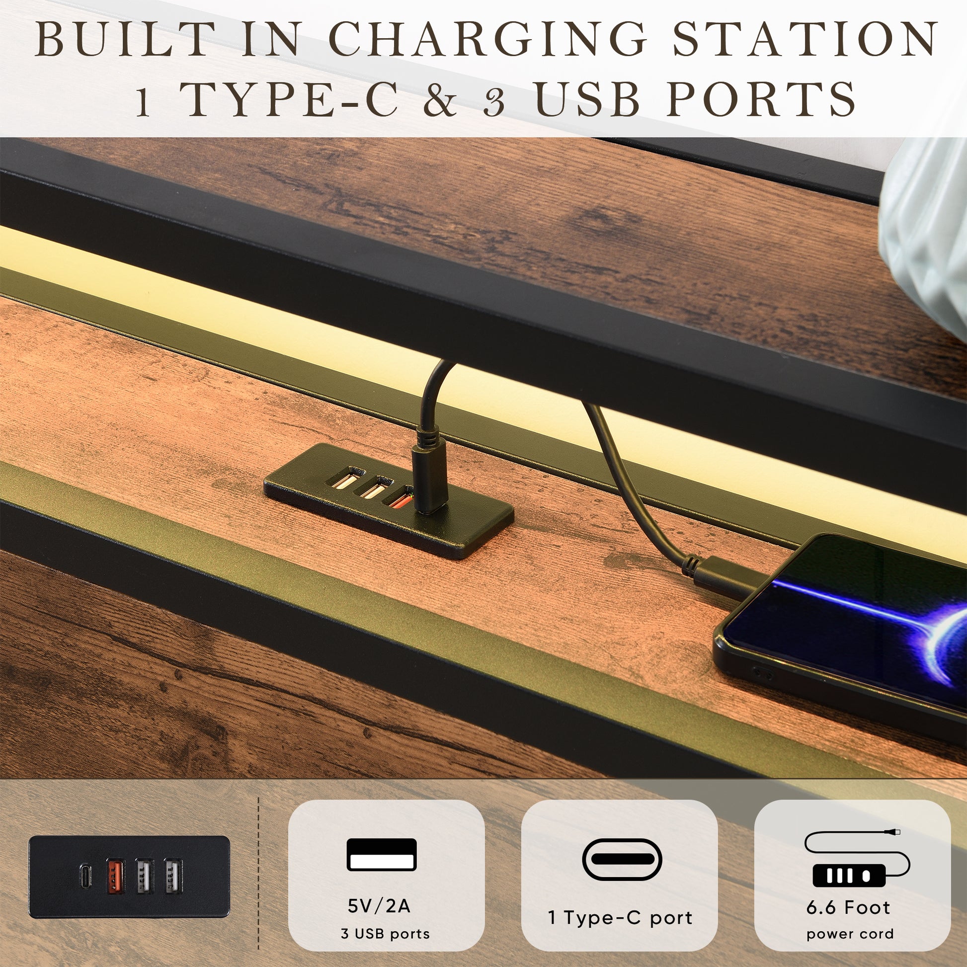 Brown wood grain console with builtin charging station and phone
