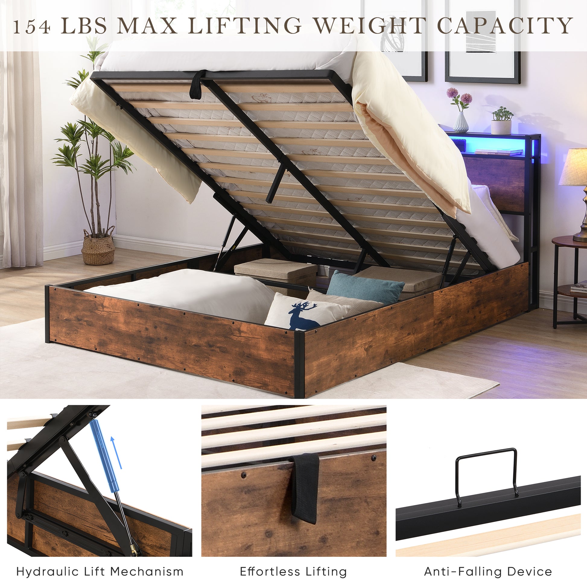 Rustic brown storage bed with open hydraulic lift mechanism revealing ample underbed storage