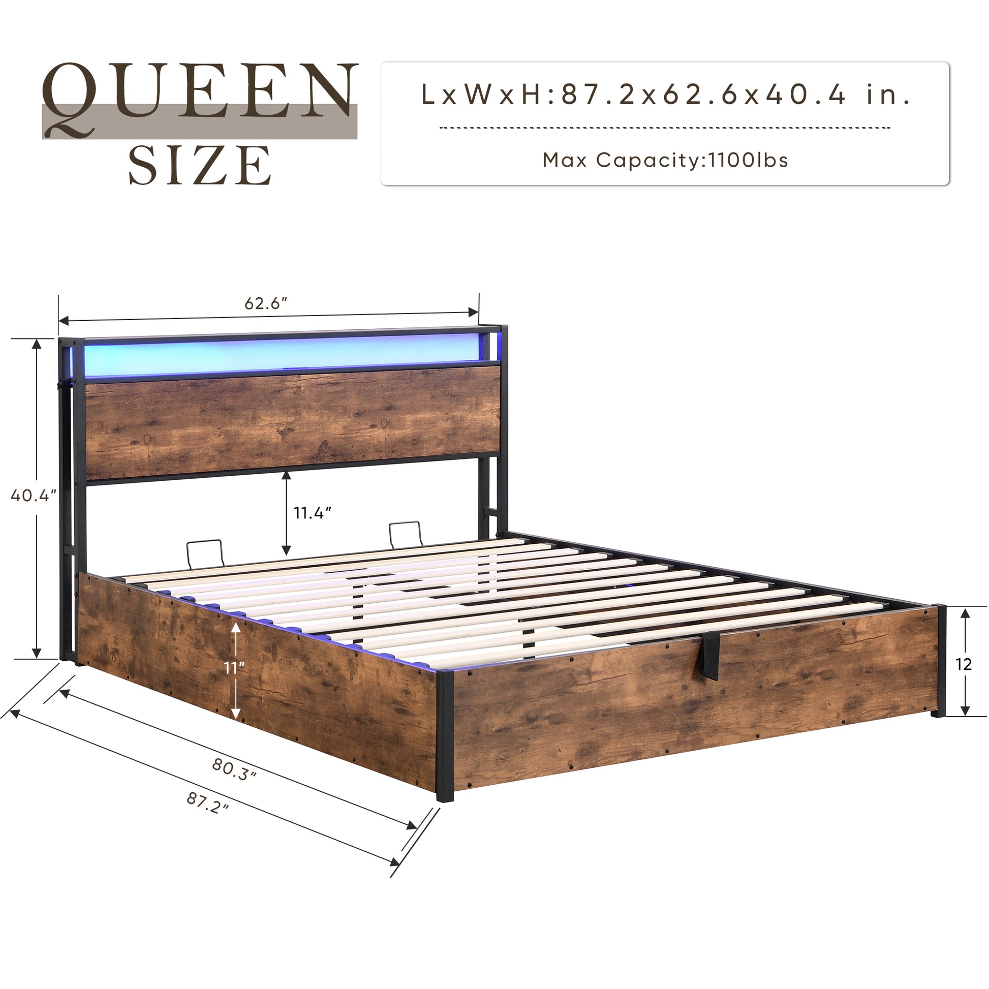 Queen size wood and metal platform bed with LED headboard