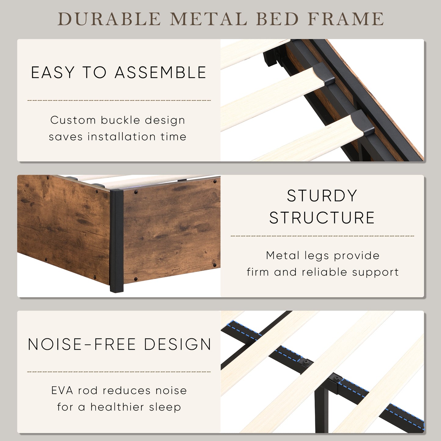 Durable metal bed frame with easy assembly buckle design for quick installation